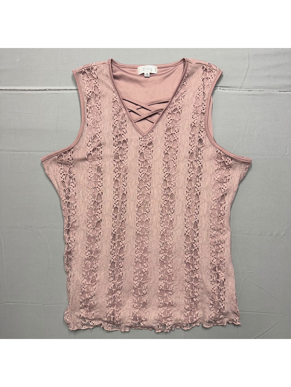 Shannon Ford Women Sleeveless Top 3X Mauve Lace Overlay Crisscross Neck Blouse